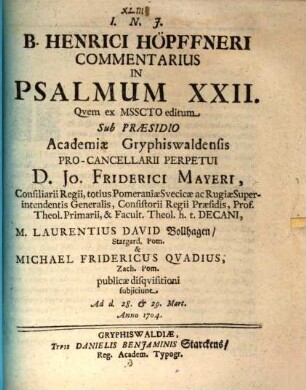 B. Henrici Höpffneri ... Commentarius in Psalmum XXII.
