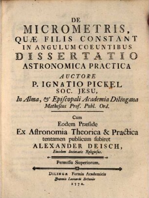 De Micrometris, Quæ Filis Constant, In Angulum Coeuntibus, Dissertatio Astronomica Practica