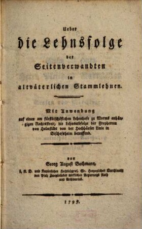 Über die Lehnsfolge der Seitenverwandten in altväterlichen Stammlehnen