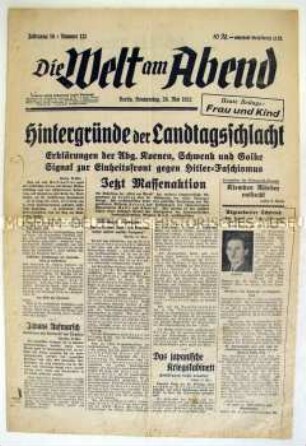 Kommunistische Berliner Abendzeitung "Die Welt am Abend" zum Kampf um die antifaschistische Einheitsfront