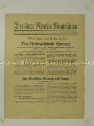 Nachrichtenblatt der "Dresdner Neueste Nachrichten" u.a. zur Lage im Sudetenland