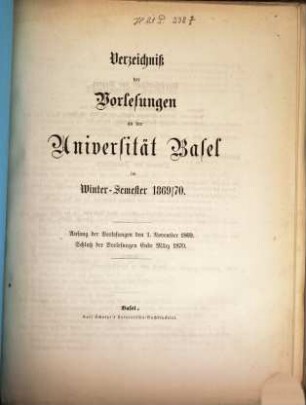 Verzeichnis der Vorlesungen. 1869/70. WS.