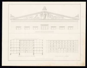 Neuer Packhof auf der Museumsinsel, Berlin: Giebelfeld, Querschnitt und Fassade Magazingebäude (aus: Sammlung Architektonischer Entwürfe, Berlin 1858)