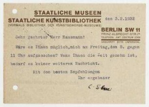 Postkarte von Staatliche Kunstbibliothek / Curt Glaser an Raoul Hausmann. Berlin