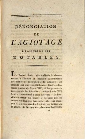 Dénonciation de l'agiotage au Roi et à l'Assemblée des Notables