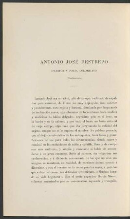 Antonio José Restrepo - (Continuación) : Escritor y poeta colombiano