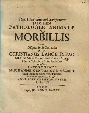 Specimen Pathologiae Animatae De Morbillis