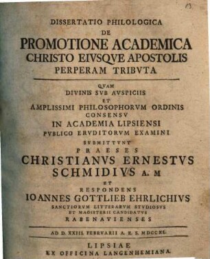 Diss. philol. de promotione academica Christo eiusque apostolis perperam tributa