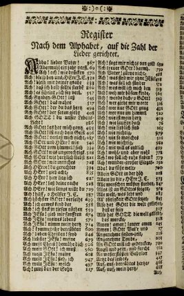 Register Nach dem Alphabet, auf die Zahl der Lieder gerichtet.