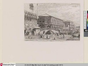 le Preson V. [Das Gefängnis; im Vordergrund angeschnitten der Dogenpalast, an den sich über eine Brücke die Riva degli Schiavoni anschließt und optisch selbst zum Gefängnis führt]
