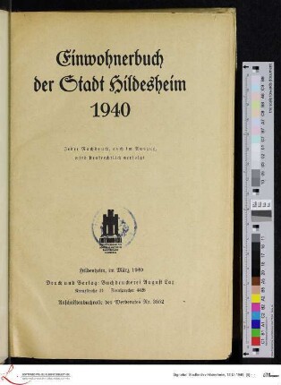 [Titel:] Einwohnerbuch der Stadt Hildesheim 1940