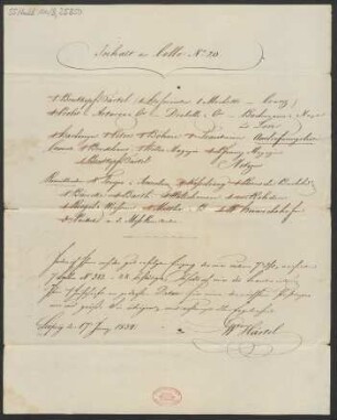Lieferschein "Inhalt des Collo No. 20"