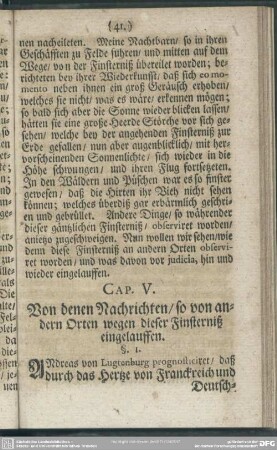 Cap. V. Von denen Nachrichten, so von andern Orten wegen dieser Finsterniß eingelauffen