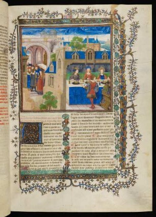 Vollbordürenseite mit Miniatur (antike Hochzeit), Goldinitiale A und Fadenrankenbordüre