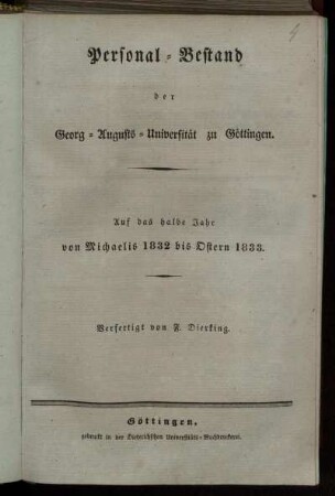WS 1832/33: Personal-Bestand der Georg-Augusts-Universität zu Göttingen