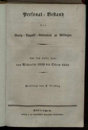 WS 1832/33: Personal-Bestand der Georg-Augusts-Universität zu Göttingen