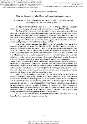 Major developments in the legal framework concerning language resources. Introductory talk for the workshop on legal and ethical issues in human language technologies, LREC 2022, Marseille, 24 June 2022