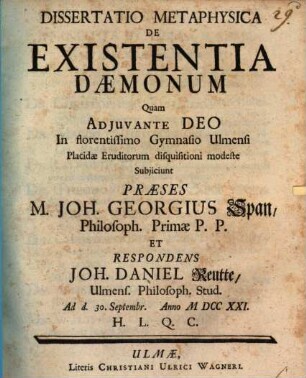 Diss. metaphys. de existentia daemonum