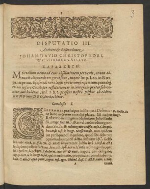 Disputatio III. Authore et Respondente Johan. David Christophori ...