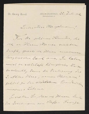 Brief von Georg Bondi an Gerhart Hauptmann