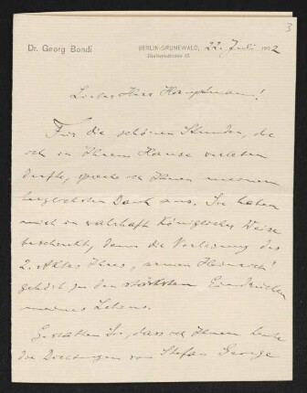 Brief von Georg Bondi an Gerhart Hauptmann