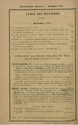 Table des matières. Octobre 1894.