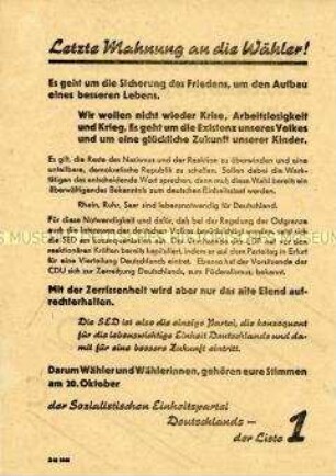 Propagandaflugblatt der SED, verbunden mit Wahlaufruf 1946