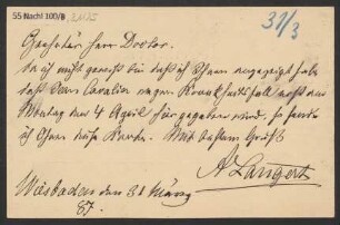 Brief an B. Schott's Söhne : 31.03.1887