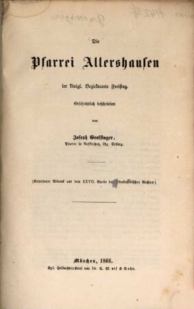 Die Pfarrei Allershausen im königl. Bezirks-Amte Freising : Geschichtlich beschrieben
