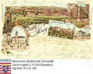Alzey, Panorama und Einzelansichten / Kriegerdenkmal, Rathaus, Bahnhof und Burgruine