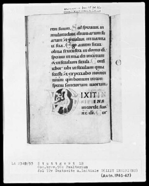 Psalterium - Hymnar (Benediktinerhandschrift) — Initiale D (ixit insipiens) mit einem Pfau, Folio 72verso