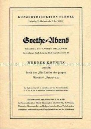 Programmblatt zu einem Literatur-Abend mit Werken von Johann Wolfgang von Goethe