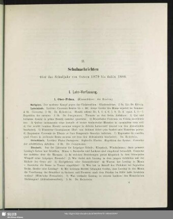 II. Schulnachrichten über das Schuljahr von Ostern 1879 bis dahin 1880