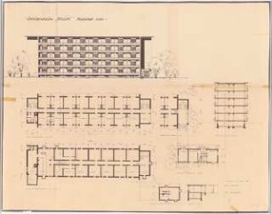 Grünanlage am Ledigen- und Schwesternheim, Marl: Ledigenheim: Ansicht, Schnitt, Grundrisse Kellergeschoss und Erdgeschoss 1:100 (Zeichnung des Architekten)