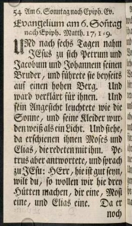 54-63, Evangelium am 6. Sonntag. - Evangelium am Sonntag Septuagesimae.