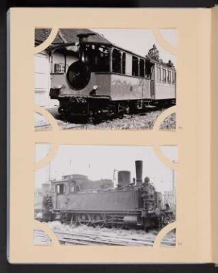 Albumseite mit zwei Postkarten von Lokomotiven : Sammelalbum mit Fotografien (Postkarten) von Dampflokomotiven. Kunstledereinband; 27,5 x 21,8 x 2 cm (um 1970). Dresden: SLUB/DF 2009.C.30