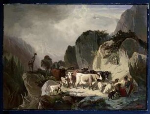 Hirtenpaar mit der Viehherde auf der Paßhöhe