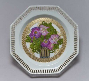 Achteckige Schale mit violetten Blüten