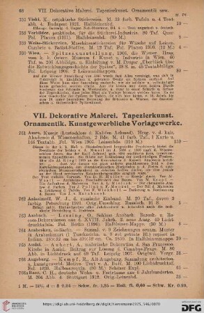VII. Dekorative Malerei. Tapezierkunst. Ornamentik. Kunstgewerbliche Vorlagewerke (Nr. 761-933)
