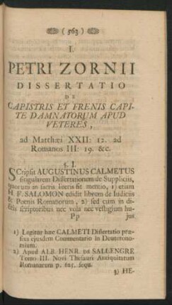 I. - P. ZORNII Dissertatio de Capistris et Frenis Capite damnatorum apud Veteres
