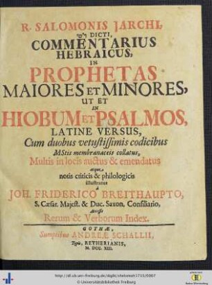 Salomonis Jarchi, Rashi Dicti, Commentarius Hebraicus In Prophetas Maiores Et Minores, Ut Et In Hiobum Et Psalmos
