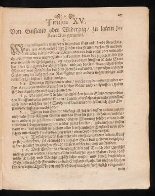 Titulus XV. Von Einstand oder Widerzug, zu latein Ius Retractus genannt.