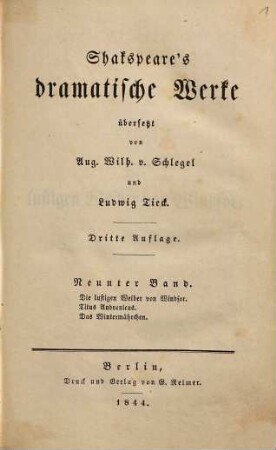 Shakspeare's dramatische Werke, 9. Die lustigen Weiber von Windsor. Titus Andronicus. Das Wintermärchen