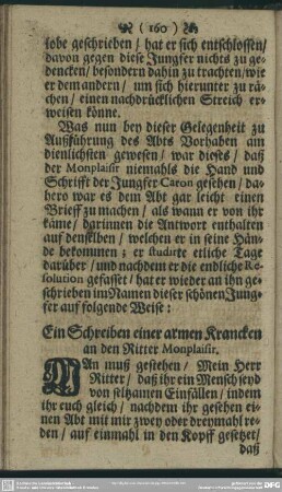 Ein Schreiben einer armen Krancken an den Ritter Monplaisir