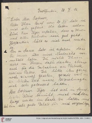 Nachlass Alfred Hettner, Eingegangene Briefe, Korrespondenz Leo Waibel/Alfred Hettner: Brief von Leo Waibel an Alfred Hettner