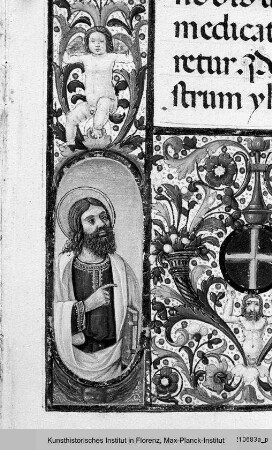 Messale : Buchseite mit Randbordüre, eingeschlossenem Medaillon mit der Berufung des Apostels Andreas, Text und historisierter Initiale D mit Andreas