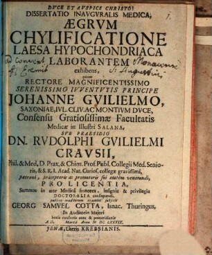 Dissertatio Inauguralis Medica, Aegrum Chylificatione Laesa Hypochondriaca Laborantem exhibens