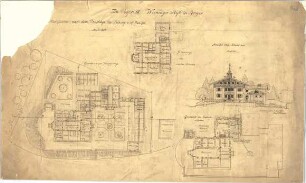 Thiersch, August ; Anger (Bayern); Wieninger Stift, Projekt - Lageplan m. Grundriss Hauptgeschoss, Grundriss UG, Grundriss 1. OG, Ansicht