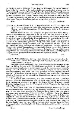 185, Weyert. Militär-Psychiatrische Beobachtungen und Erfahrungen. 1915