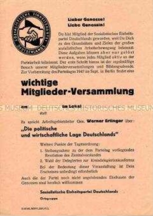 Einladung (Vordruck) zu einer Mitgliederversammlung der SED zur wirtschaftlichen und politischen Lage in Deutschland